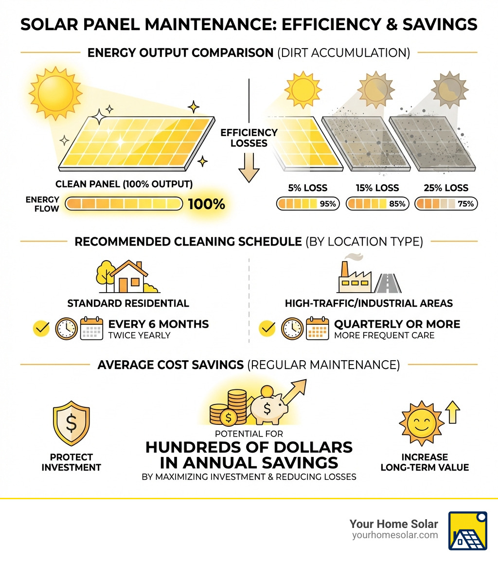 infographic showing clean vs dirty solar panel energy output comparison with percentage losses at 5%, 15%, and 25% dirt accumulation levels, recommended cleaning schedule by location type, and average cost savings from regular maintenance - solar maintenance services infographic infographic showing clean vs dirty solar panel energy output comparison with percentage losses at 5%, 15%, and 25% dirt accumulation levels, recommended cleaning schedule by location type, and average cost savings from regular maintenance - solar maintenance services infographic