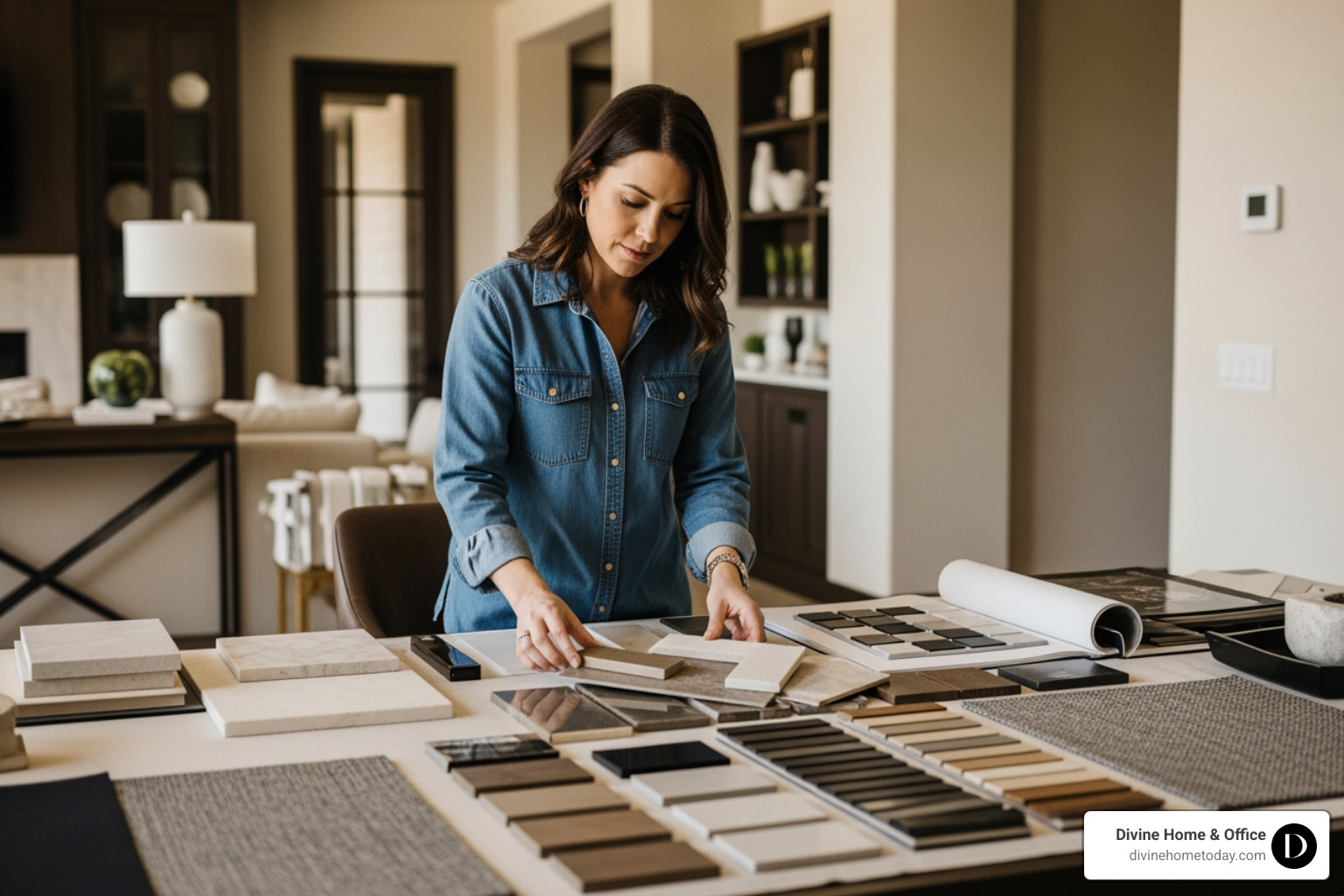 designer selecting sophisticated material finishes for a luxury Colorado home - interior design thinking designer selecting sophisticated material finishes for a luxury Colorado home - interior design thinking