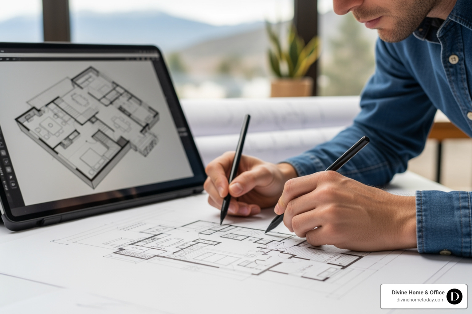 designer sketching a 3D floor plan for a luxury Denver home - interior design thinking designer sketching a 3D floor plan for a luxury Denver home - interior design thinking