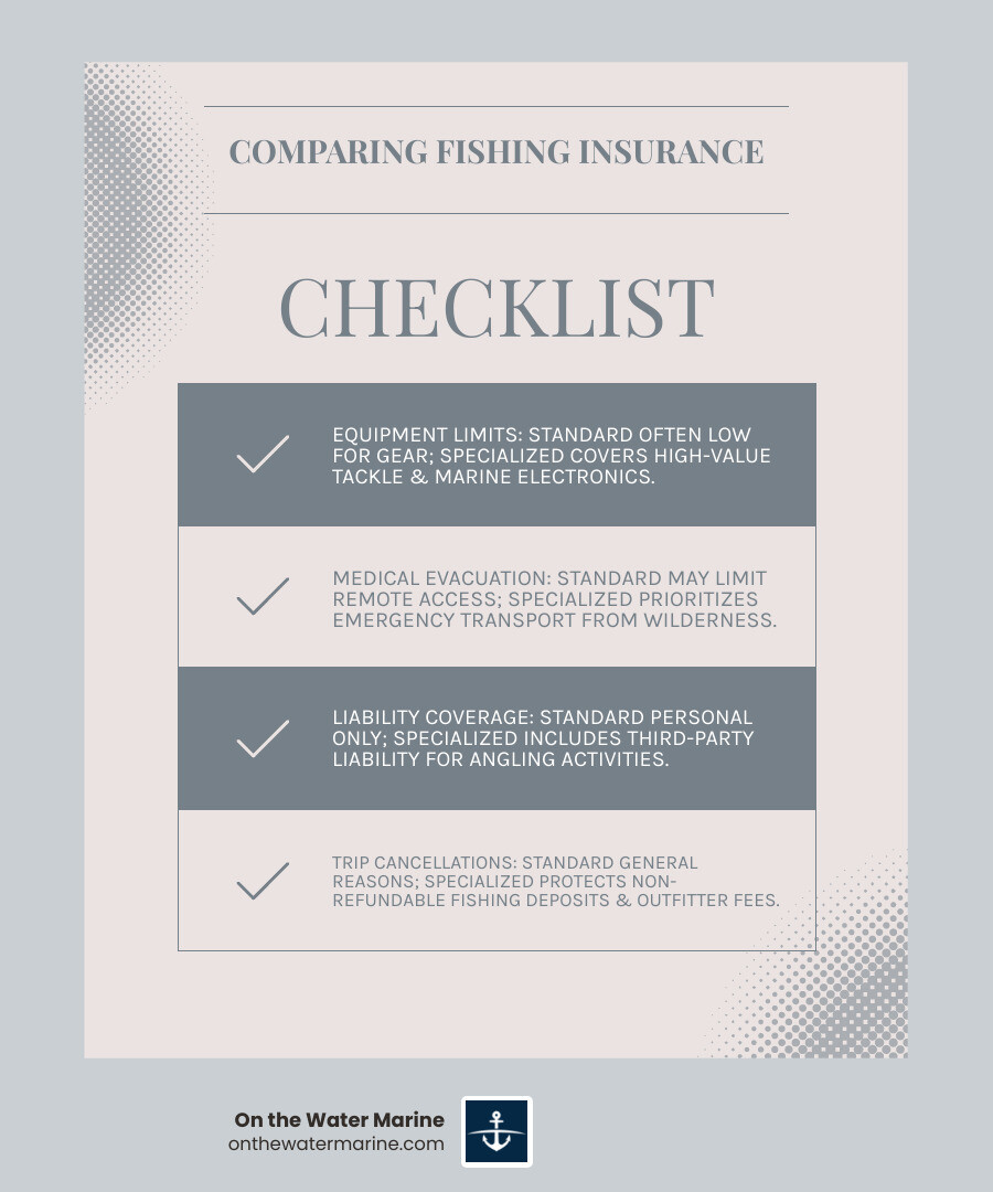 infographic showing comparison between standard travel insurance and specialized fishing trip insurance, including coverage for trip cancellation, medical evacuation requirements, equipment protection limits, liability coverage types, and baggage delay benefits - fishing trip insurance infographic checklist-light-blue-grey infographic showing comparison between standard travel insurance and specialized fishing trip insurance, including coverage for trip cancellation, medical evacuation requirements, equipment protection limits, liability coverage types, and baggage delay benefits - fishing trip insurance infographic checklist-light-blue-grey