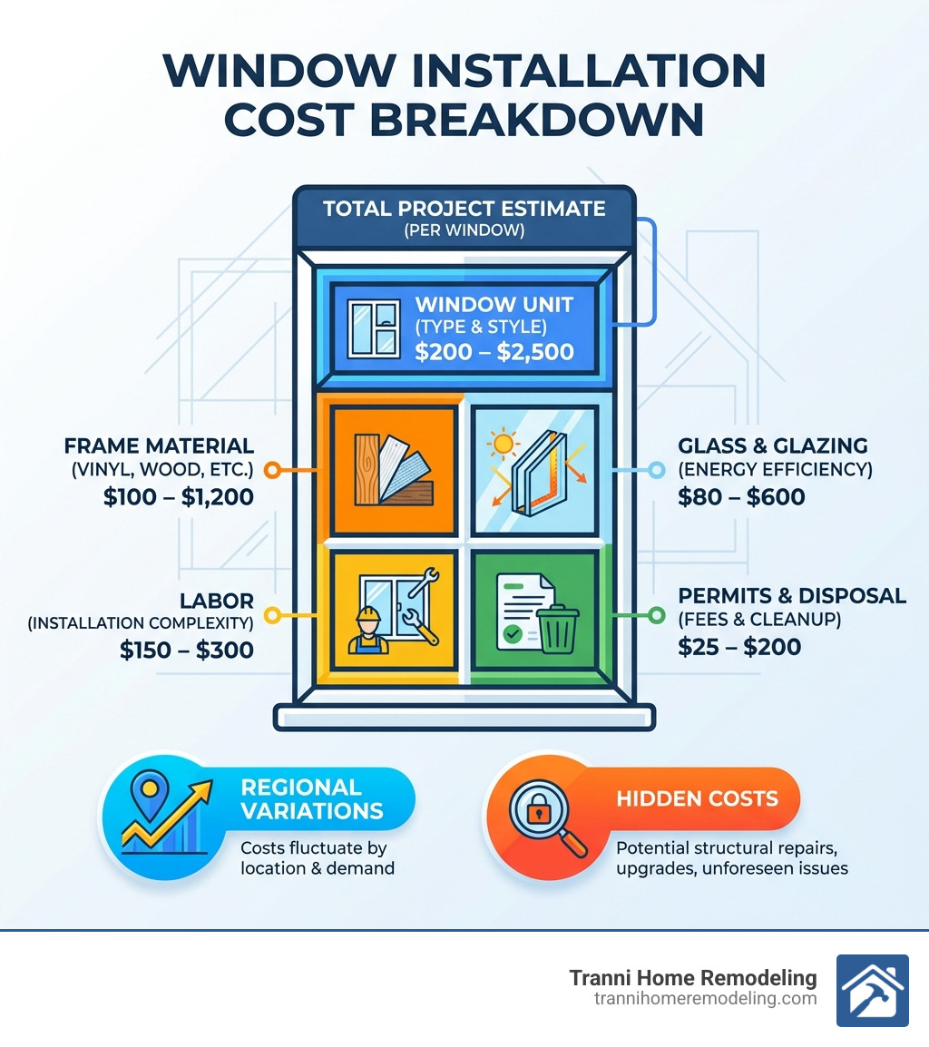 Infographic showing window installation cost breakdown: window unit ($200-$2,500), frame material ($100-$1,200), glass and glazing ($80-$600), labor ($150-$300), permits and disposal ($25-$200), with regional variations and hidden costs highlighted - cost to install windows infographic 