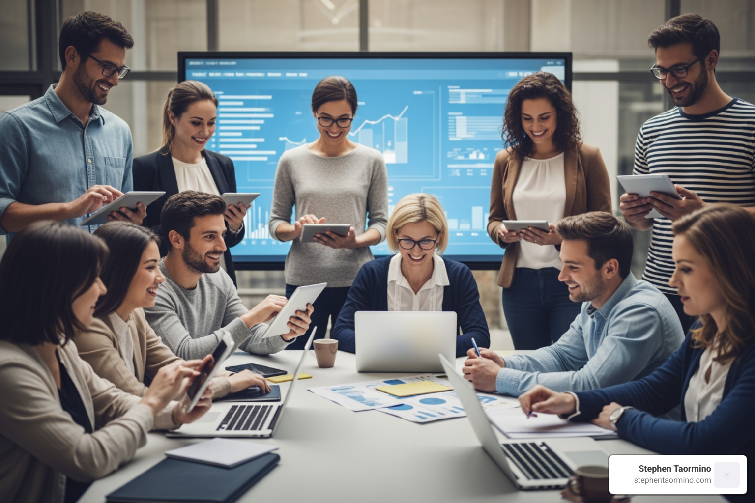 diverse employees embracing technology - change management speaker