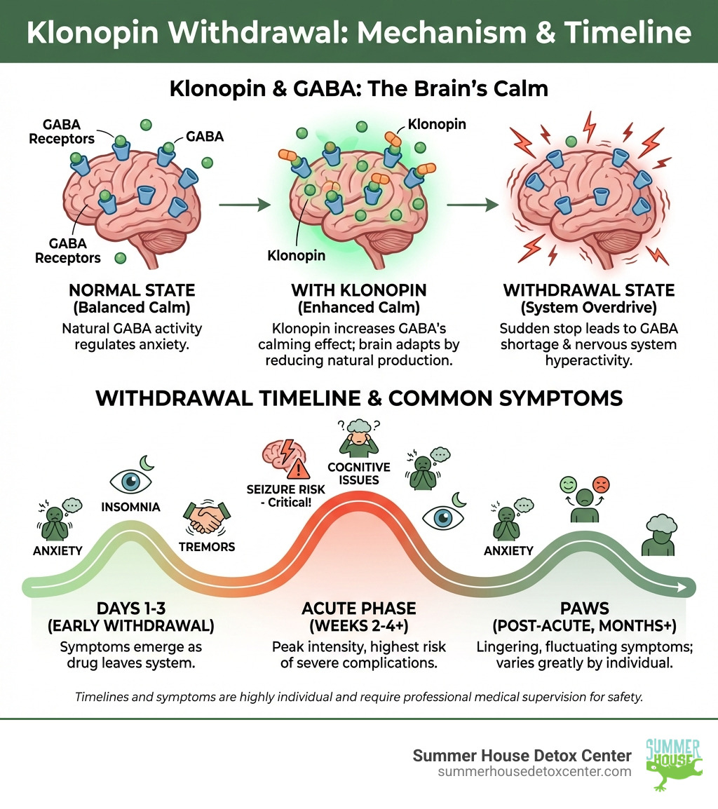 infographic showing Klonopin's effect on GABA receptors in the brain, the withdrawal timeline from days 1-3 through PAWS, and common symptoms at each stage including anxiety, insomnia, tremors, seizure risk, and cognitive issues - Klonopin withdrawal help infographic 