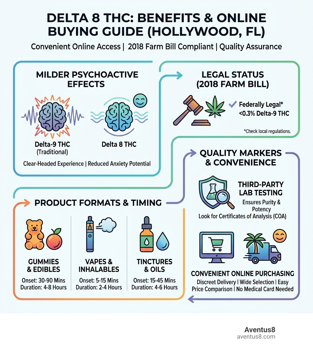 Infographic showing Delta 8 THC benefits including milder psychoactive effects, legal status under the 2018 Farm Bill, various product formats (gummies, vapes, tinctures), typical onset times and duration of effects, and quality markers like third-party lab testing - specifically designed for Hollywood, FL consumers seeking convenient online purchasing options - Buy Delta 8 online infographic 