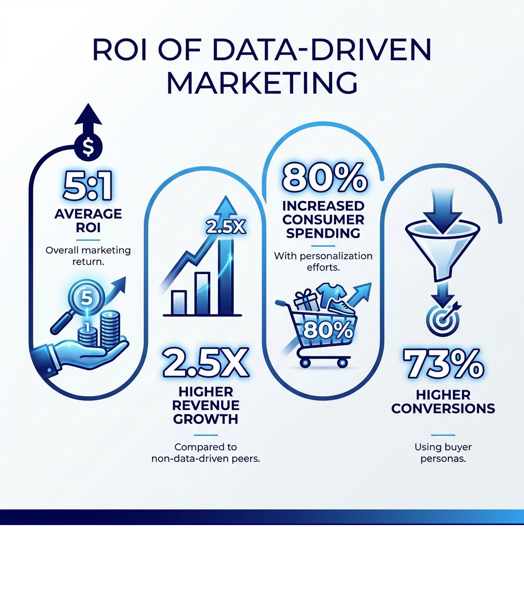 Infographic showing the ROI of data-driven marketing: 5:1 average ROI, 2.5x higher revenue growth, 80% increased consumer spending with personalization, 73% higher conversions with buyer personas - how marketing teams create data-driven customer profiles infographic 