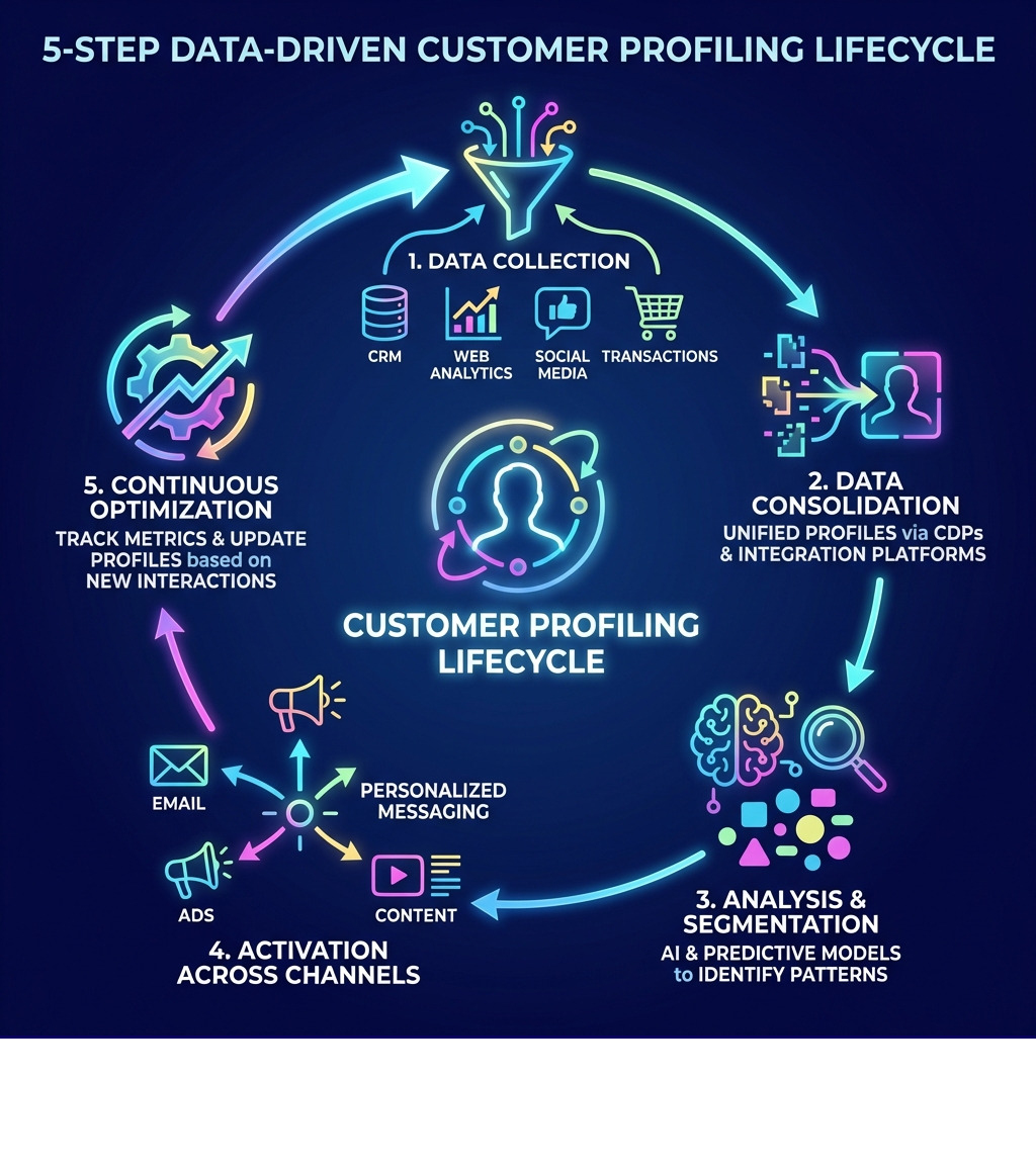 Infographic showing the 5-step customer profiling lifecycle: 1) Data Collection from multiple sources (CRM, web analytics, social media, transactions), 2) Data Consolidation using CDPs or integration platforms to create unified profiles, 3) Analysis & Segmentation using AI and predictive models to identify patterns, 4) Activation across channels with personalized messaging for email, ads, and content, 5) Continuous Optimization through tracking metrics and updating profiles based on new customer interactions - how marketing teams create data-driven customer profiles infographic 