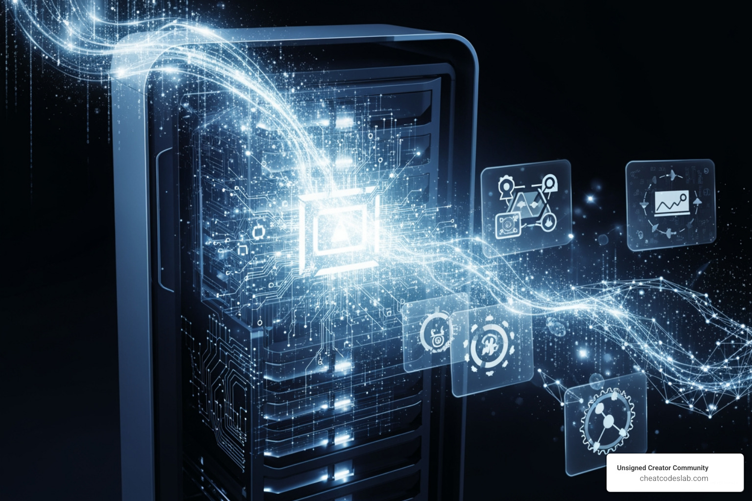 a computer learning from data, with algorithms and data flowing into a processing unit that then outputs improved insights - ai and machine learning
