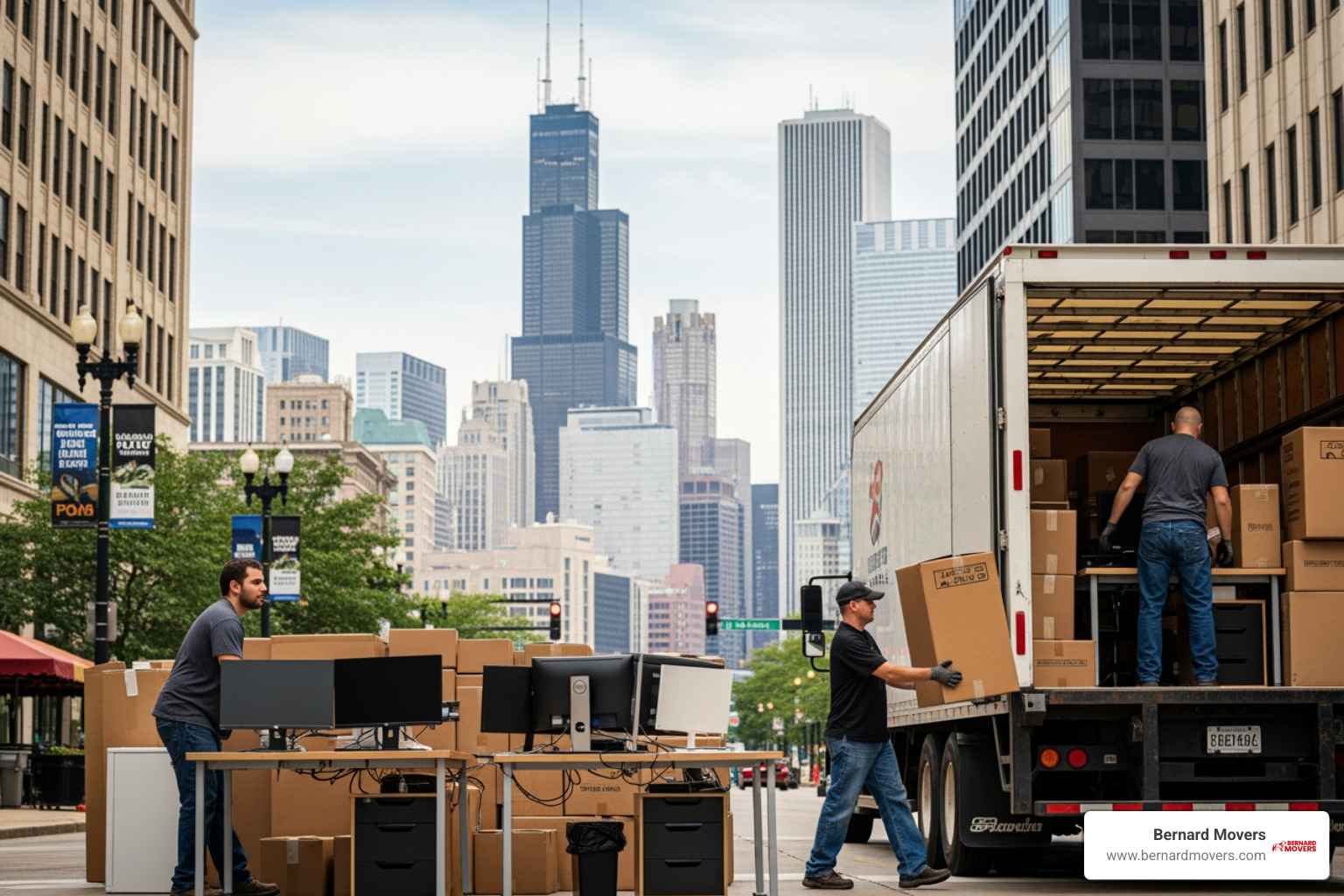 Movers loading office equipment into a truck in Chicago - checklist for moving office premises