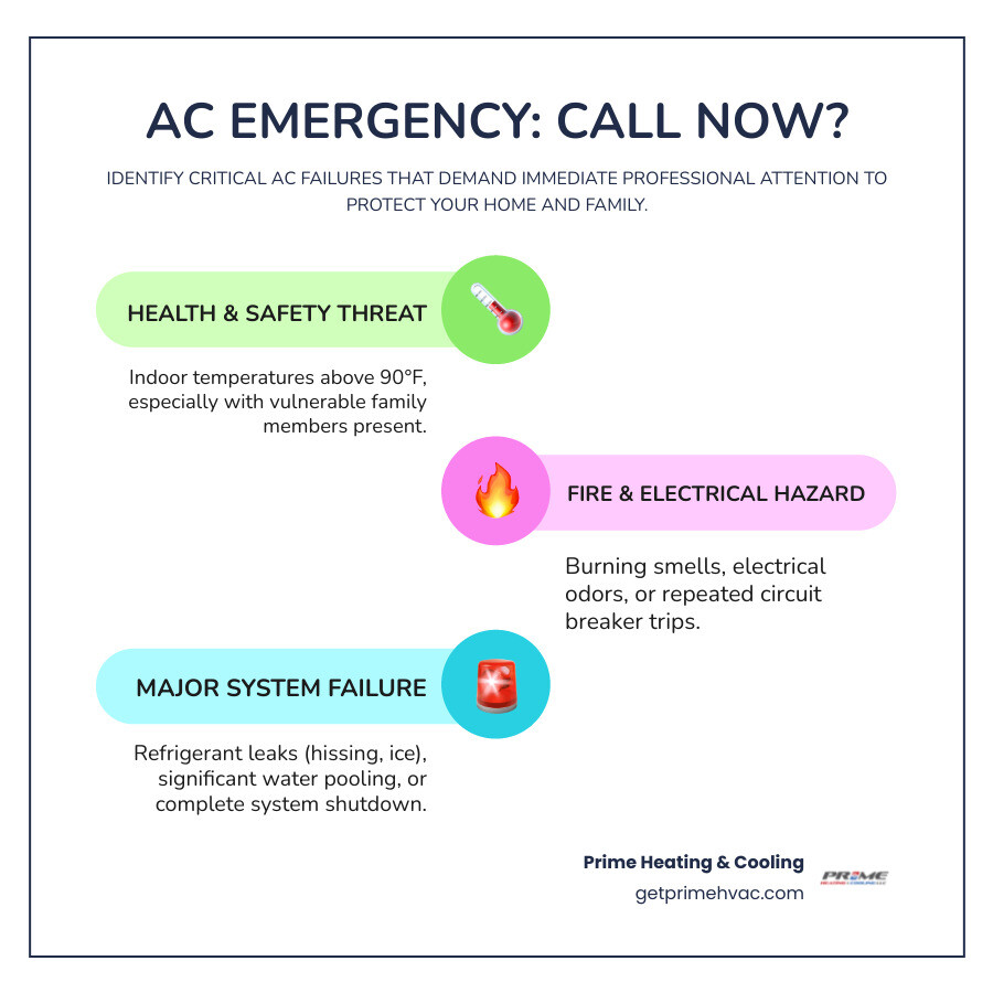 Infographic showing the emergency AC decision tree: signs requiring immediate professional help vs. issues that can wait until morning, including temperature thresholds, safety hazards like burning smells and electrical problems, and property damage risks like water leaks - ac repair emergency service infographic infographic-line-3-steps-colors