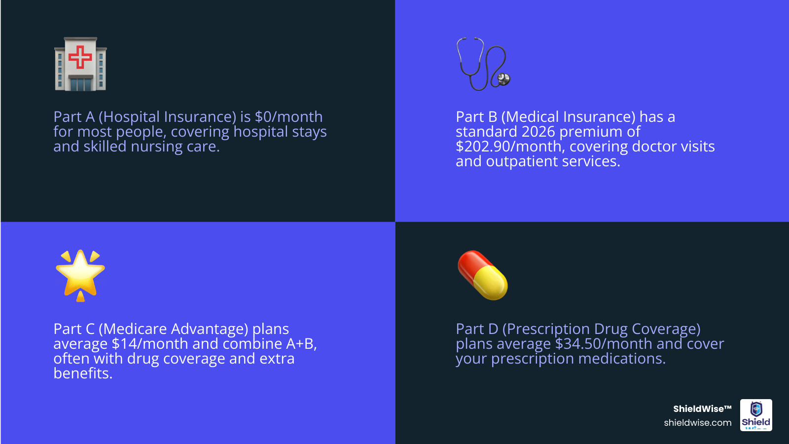 infographic showing Medicare Parts A, B, C, and D with 2026 monthly premium costs, deductibles, and income thresholds for IRMAA surcharges - how much does medicare cost per month infographic 4_facts_emoji_blue