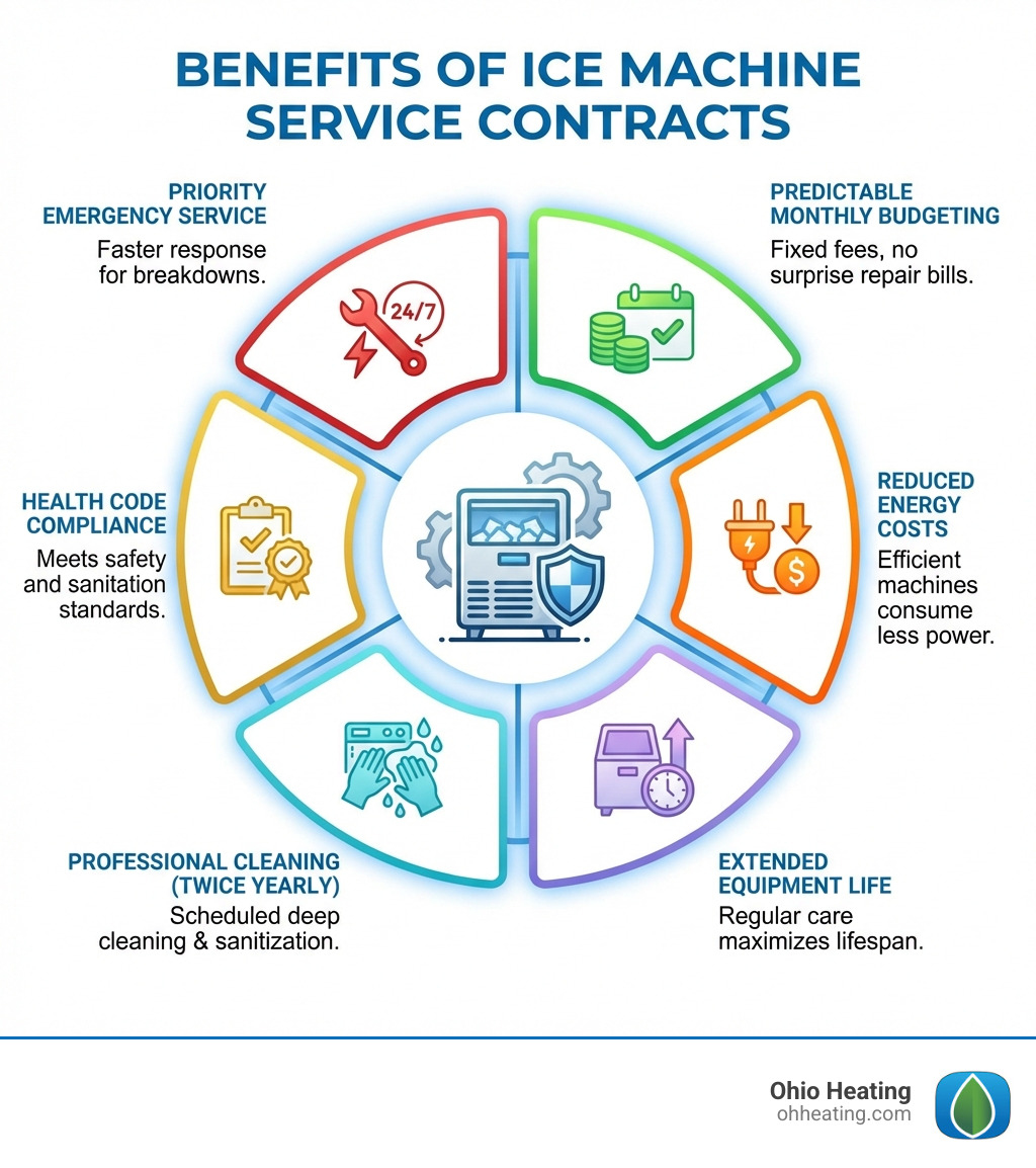 infographic showing benefits of ice machine service contracts including reduced energy costs, extended equipment life, predictable monthly budgeting, health code compliance, priority emergency service, and professional cleaning twice yearly - Ice machine service contract infographic 