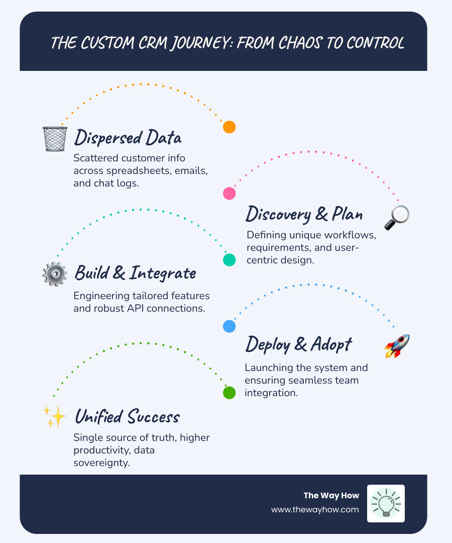 Infographic showing the progression from scattered data sources (spreadsheets, email lists, chat logs) through custom CRM development stages (discovery, design, development, deployment) to unified outcomes (single source of truth, reduced sales cycle, increased productivity, data sovereignty) - crm development infographic infographic-line-5-steps-blues-accent_colors