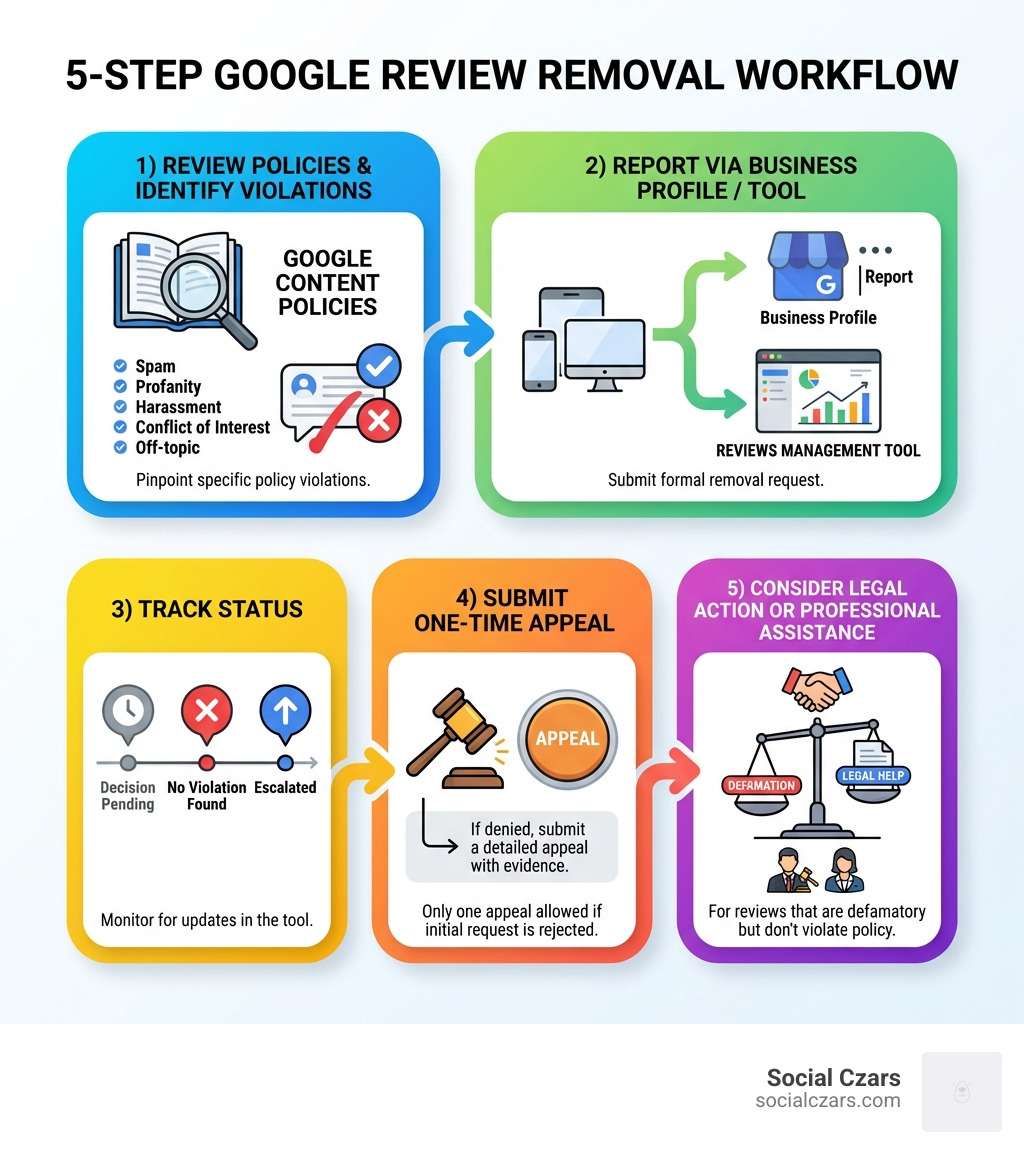 infographic showing the 5-step Google review removal workflow: 1) Review Google's content policies to identify violations, 2) Report via Business Profile or Reviews Management Tool, 3) Track status (Decision pending, No violation found, or Escalated), 4) Submit one-time appeal if denied, 5) Consider legal action or professional assistance for reviews that don't violate policy but contain defamation - how to get rid of false google reviews infographic infographic showing the 5-step Google review removal workflow: 1) Review Google's content policies to identify violations, 2) Report via Business Profile or Reviews Management Tool, 3) Track status (Decision pending, No violation found, or Escalated), 4) Submit one-time appeal if denied, 5) Consider legal action or professional assistance for reviews that don't violate policy but contain defamation - how to get rid of false google reviews infographic