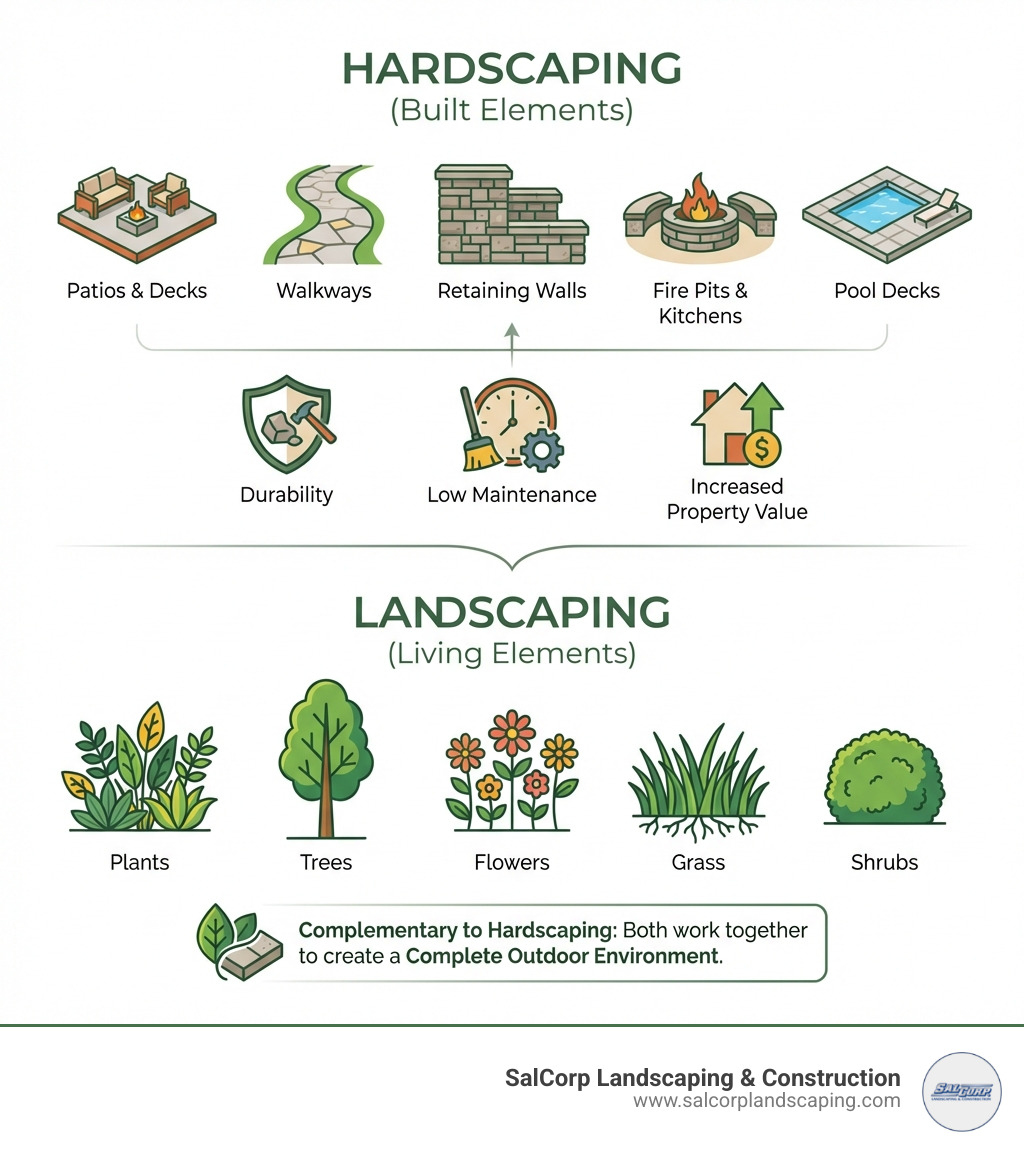 infographic showing the difference between hardscaping elements like patios walkways retaining walls fire pits and pool decks versus landscaping elements like plants trees flowers grass and shrubs with icons representing durability low maintenance and increased property value - Hardscaping Services infographic 