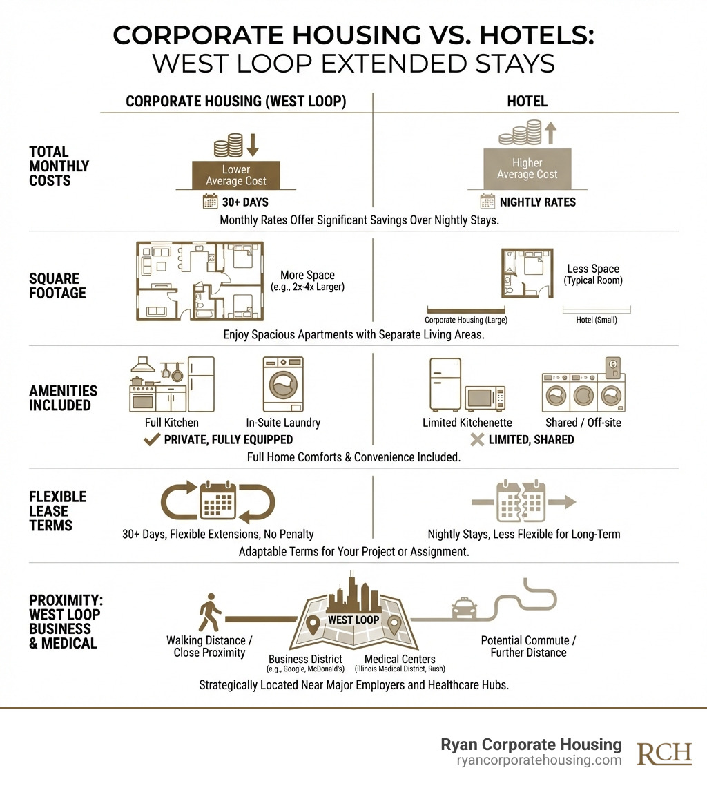 Infographic comparing corporate housing vs hotels showing total monthly costs, square footage comparison, included amenities like full kitchen and laundry, flexible lease terms, and proximity to West Loop business district and medical centers - corporate housing west loop infographic Infographic comparing corporate housing vs hotels showing total monthly costs, square footage comparison, included amenities like full kitchen and laundry, flexible lease terms, and proximity to West Loop business district and medical centers - corporate housing west loop infographic