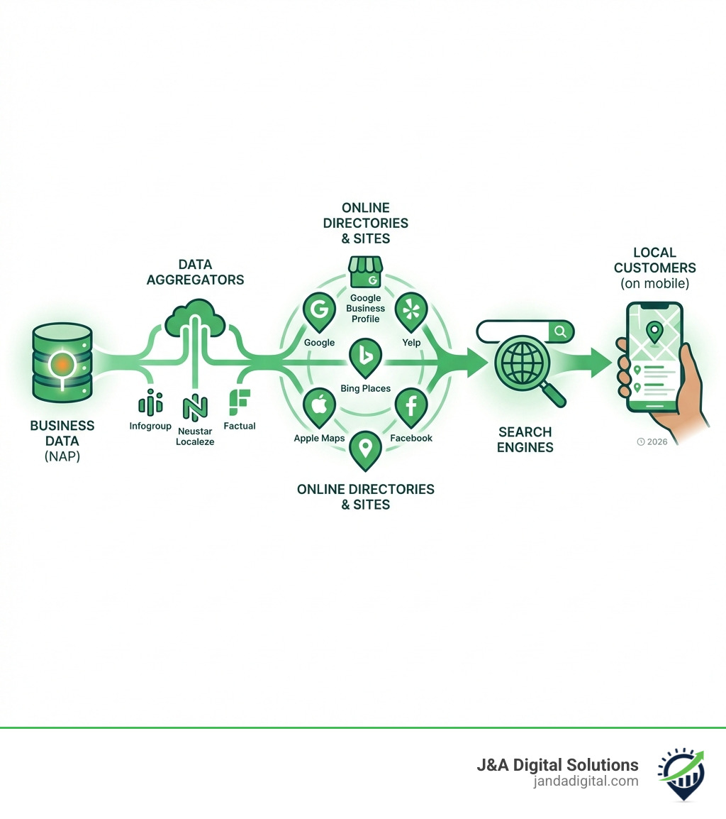 infographic showing the flow of business data from aggregators through directories to search engines and finally to local customers searching on their phones - local citations building infographic 