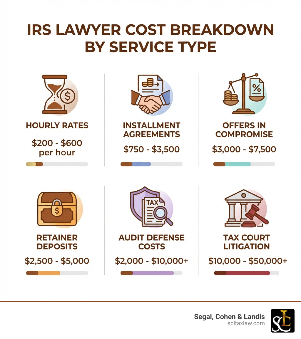Infographic showing the breakdown of IRS lawyer costs by service type: hourly rates ranging $200-$600, flat fees for routine services like installment agreements ($750-$3,500) and offers in compromise ($3,000-$7,500), retainer deposits ($2,500-$5,000), audit defense costs ($2,000-$10,000+), and tax court litigation ($10,000-$50,000+ - how much does an irs lawyer cost infographic 