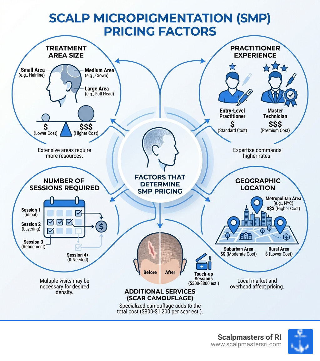 infographic showing factors that determine scalp micropigmentation pricing including treatment area size, practitioner experience, geographic location, number of sessions required, and additional services like scar camouflage - cost of scalp micropigmentation near me infographic infographic showing factors that determine scalp micropigmentation pricing including treatment area size, practitioner experience, geographic location, number of sessions required, and additional services like scar camouflage - cost of scalp micropigmentation near me infographic