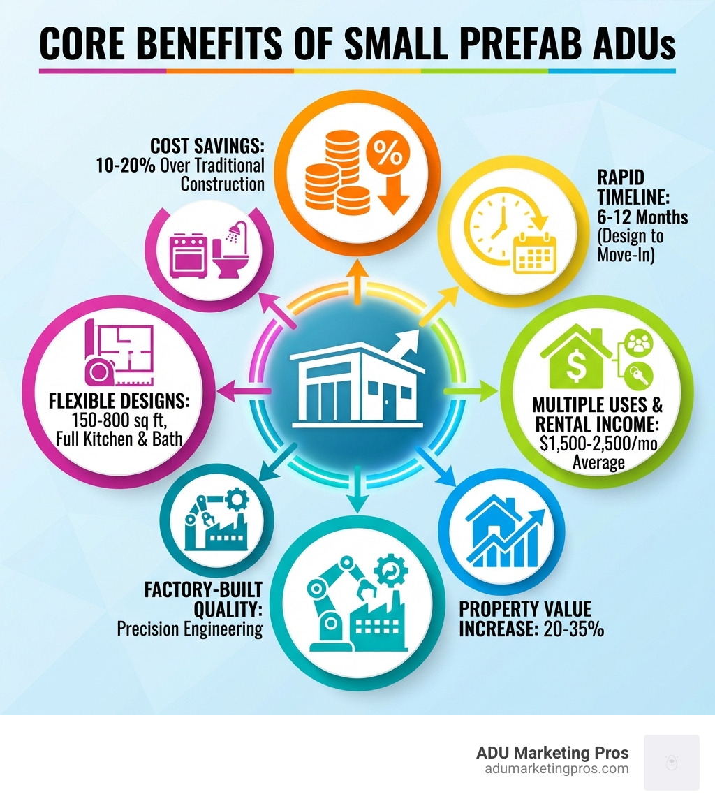 Infographic showing the core benefits of small prefab ADUs: 10-20% cost savings over traditional construction, 6-12 month timeline from design to move-in, multiple uses including rental income averaging $1,500-2,500 per month, property value increase of 20-35%, factory-built quality with precision engineering, and flexible designs ranging from 150-800 square feet with full kitchen and bathroom - Small prefab ADU infographic 