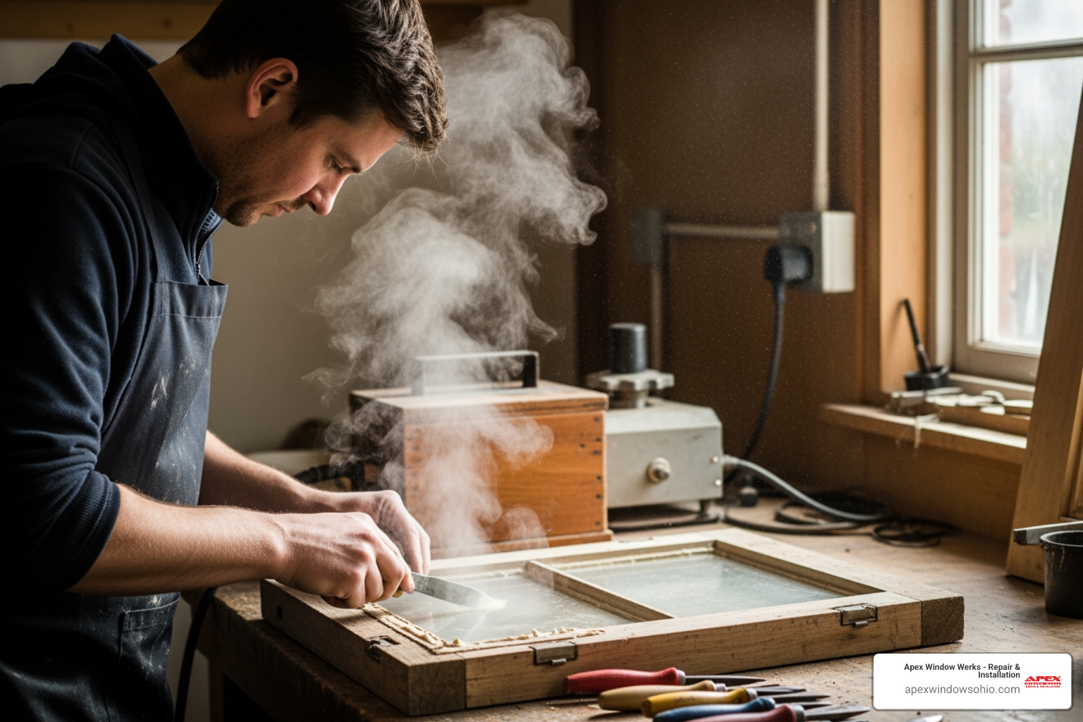 Craftsman using a steam box to gently remove old glazing putty from a wooden window sash, with steam visible. - sash window restoration near me