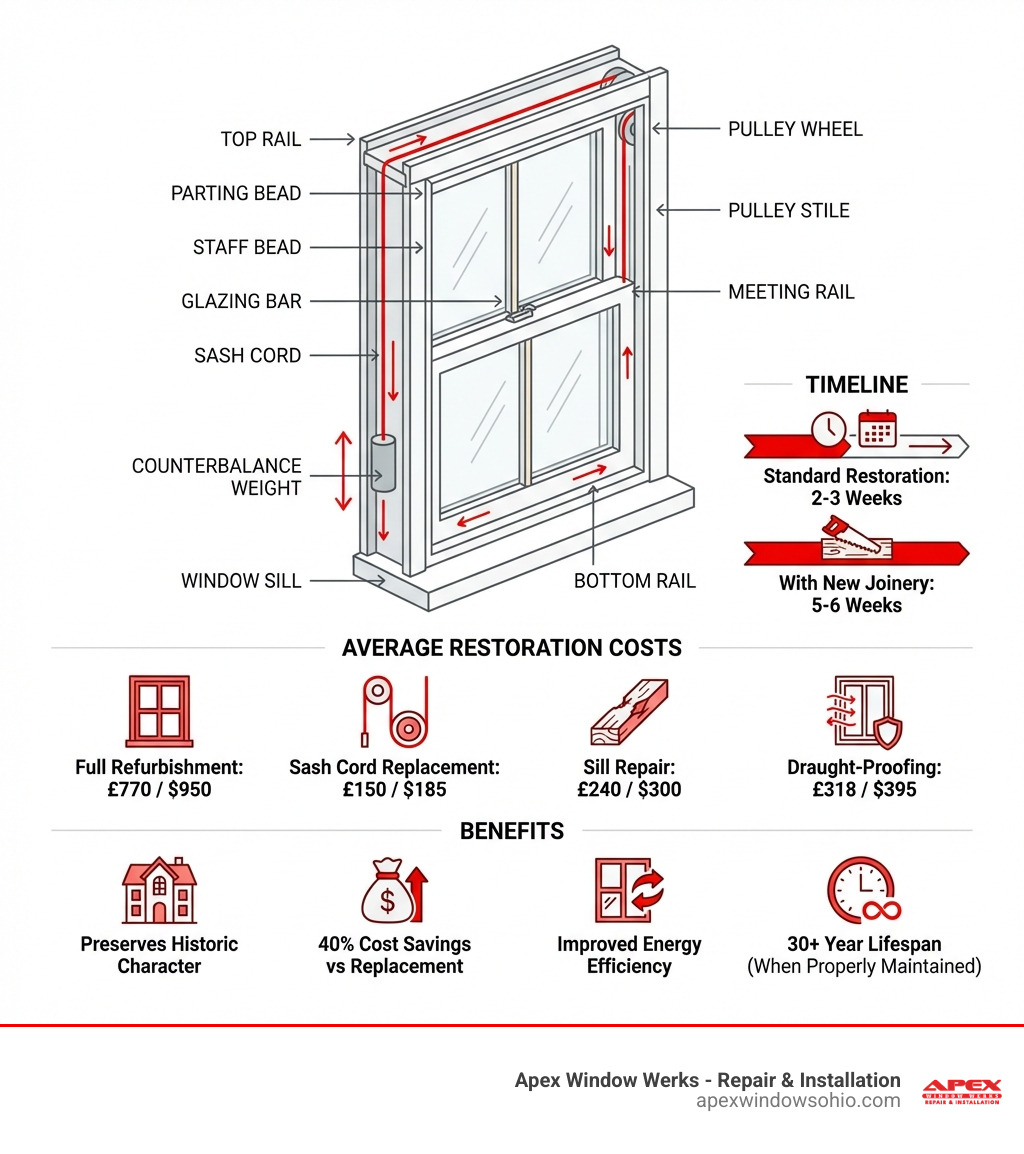 Infographic showing the anatomy of a traditional sash window with labeled components: top rail, parting bead, staff bead, glazing bar, sash cord, meeting rail, bottom rail, pulley stile, window sill, counterbalance weight, and pulley wheel. Includes average restoration costs: full refurbishment £770/$950, sash cord replacement £150/$185, sill repair £240/$300, draught-proofing £318/$395. Timeline shows 2-3 weeks for standard restoration, 5-6 weeks with new joinery. Benefits listed: preserves historic character, 40% cost savings vs replacement, improved energy efficiency, 30+ year lifespan when properly maintained. - sash window restoration near me infographic 