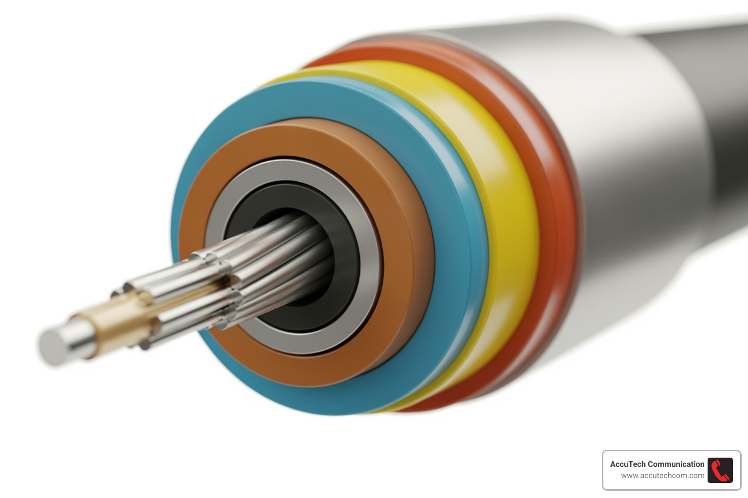 A close-up view of a fiber optic cable cross-section showing the core, cladding, and protective layers - fiber optic cables