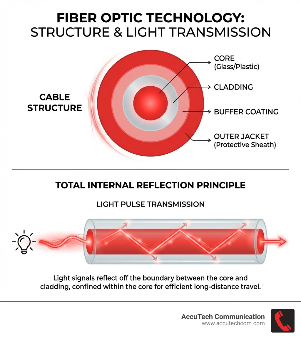Infographic showing fiber optic cable cross-section with labeled core, cladding, buffer coating, and outer jacket, plus diagram of total internal reflection principle with light bouncing through the fiber - fiber optic cables infographic 