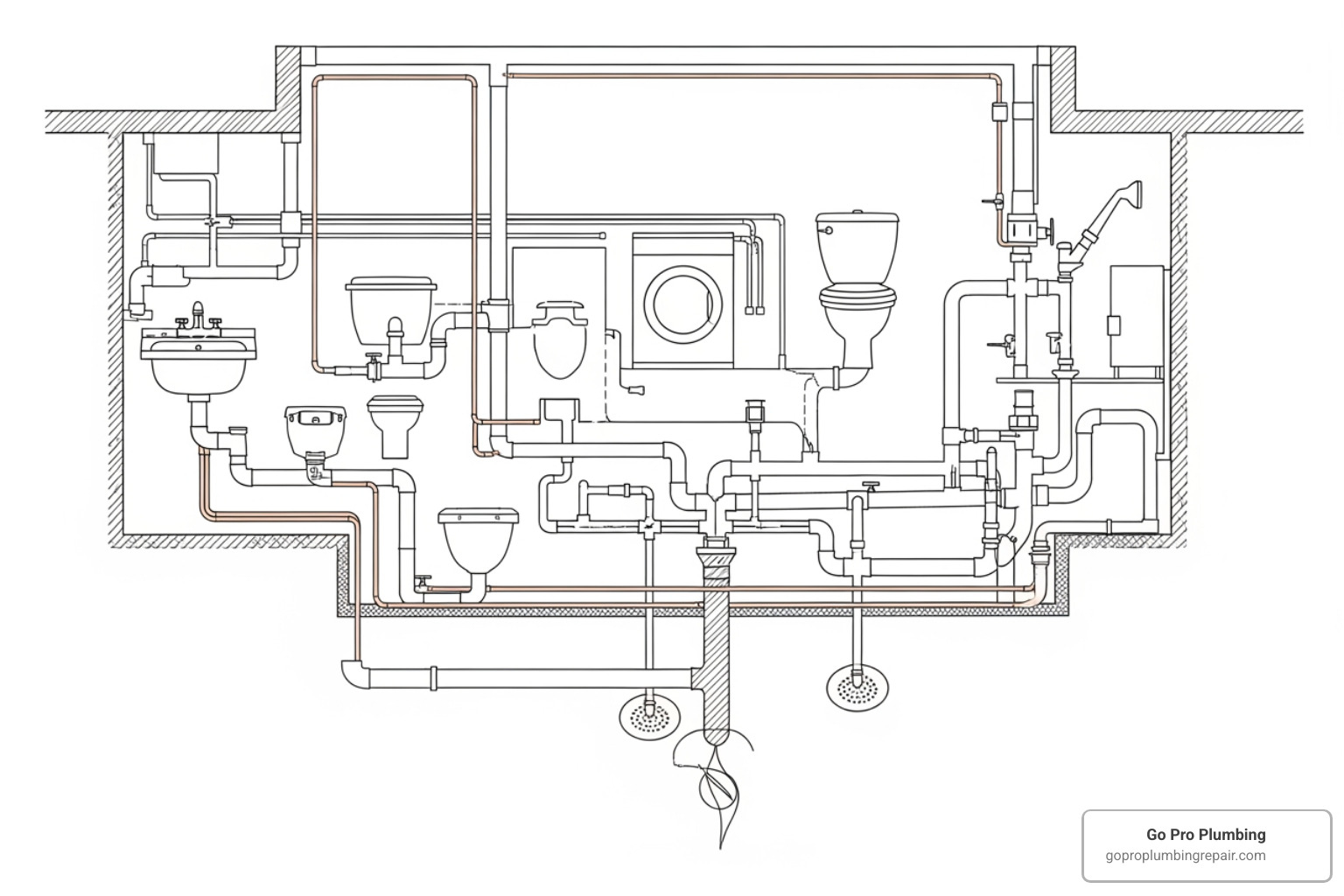 diagram of a basement plumbing layout with various pipes and connections, illustrating how different fixtures connect to the main drain system - Basement drain plumbing diagram of a basement plumbing layout with various pipes and connections, illustrating how different fixtures connect to the main drain system - Basement drain plumbing