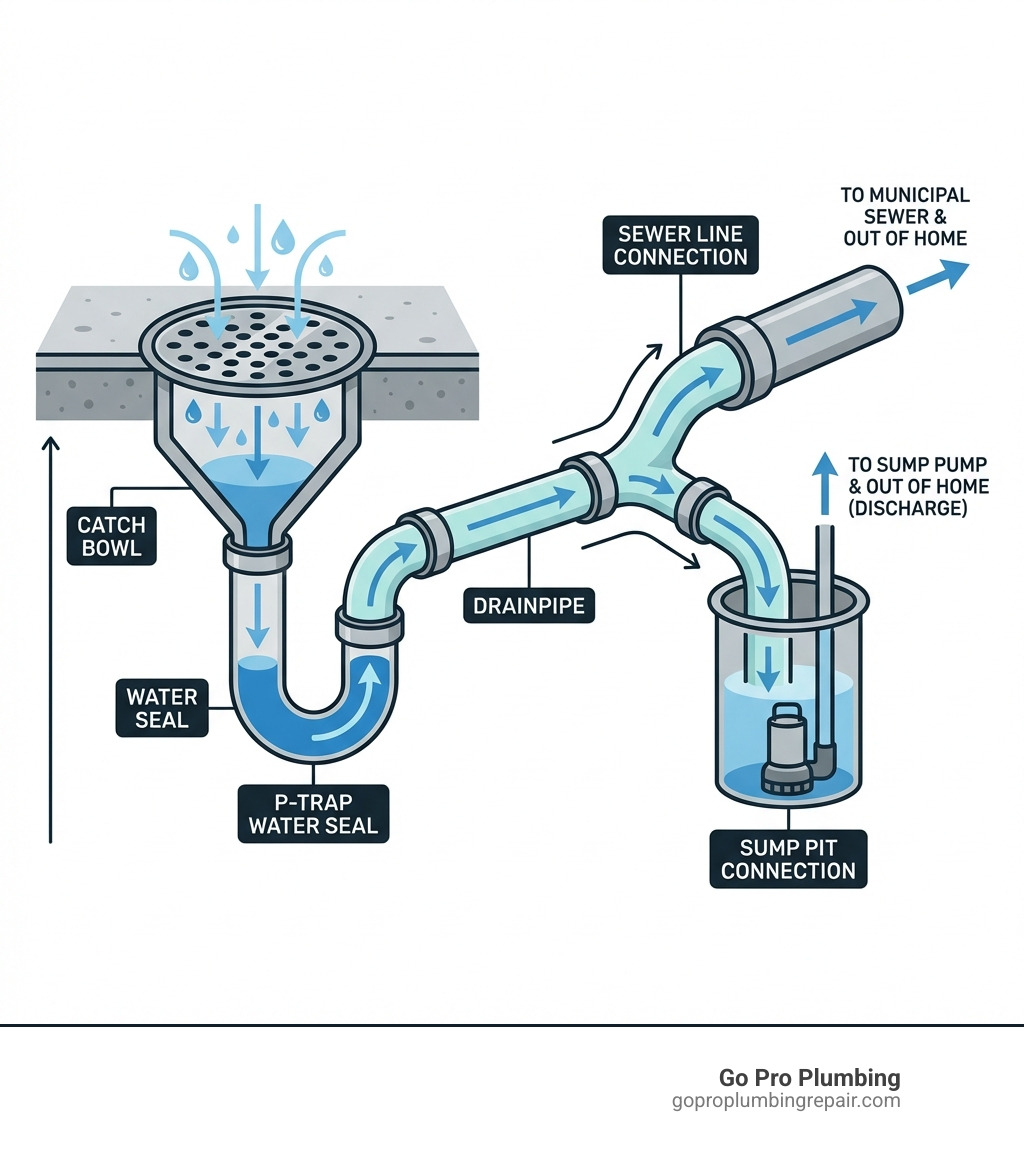 infographic showing the complete flow of water from a basement floor drain through the P-trap, past the main connection point (sewer line or sump pit), and out of the home, with labeled components including the drain grate, catch bowl, P-trap water seal, drainpipe, and connection options - Basement drain plumbing infographic infographic showing the complete flow of water from a basement floor drain through the P-trap, past the main connection point (sewer line or sump pit), and out of the home, with labeled components including the drain grate, catch bowl, P-trap water seal, drainpipe, and connection options - Basement drain plumbing infographic