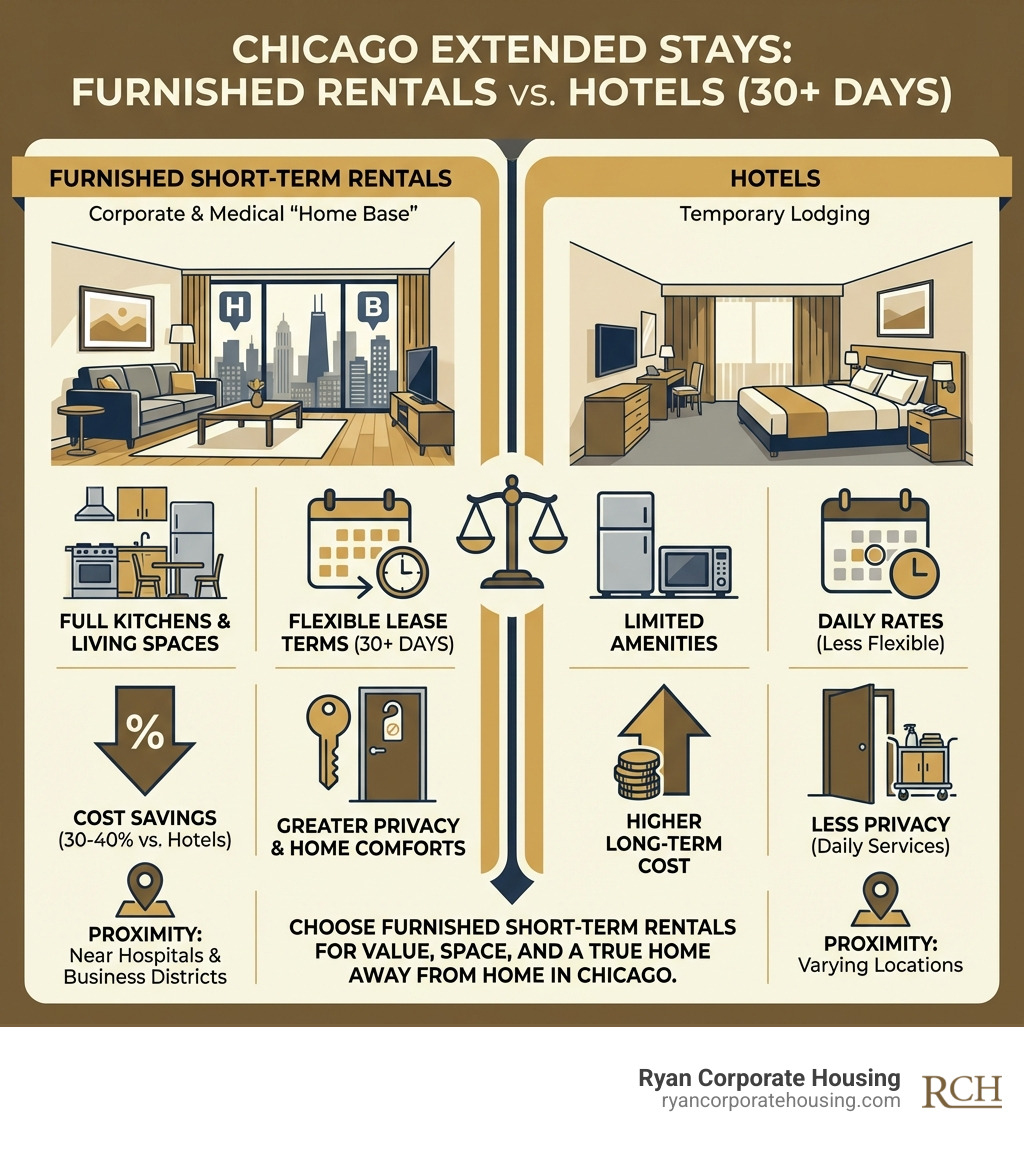 infographic comparing furnished short-term rentals versus hotels for corporate and medical stays in Chicago, showing cost savings, included amenities like full kitchens and living spaces, flexible lease terms, proximity to Chicago hospitals and business districts, and privacy benefits for extended stays of 30 days or more - furnished short term infographic infographic comparing furnished short-term rentals versus hotels for corporate and medical stays in Chicago, showing cost savings, included amenities like full kitchens and living spaces, flexible lease terms, proximity to Chicago hospitals and business districts, and privacy benefits for extended stays of 30 days or more - furnished short term infographic