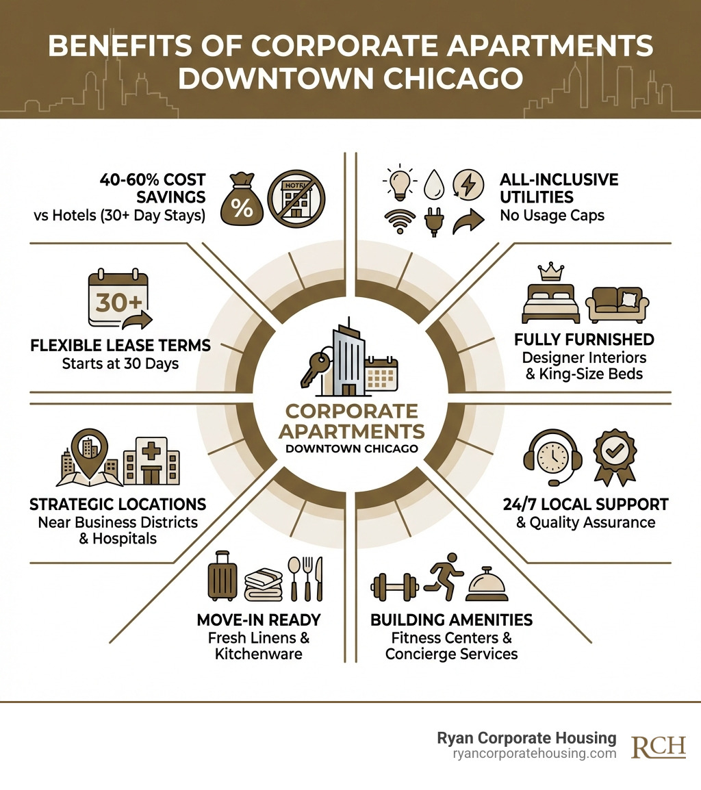 Infographic showing benefits of corporate apartments downtown Chicago: 40-60% cost savings vs hotels for 30+ day stays, all-inclusive utilities with no usage caps, flexible lease terms starting at 30 days, fully furnished with designer interiors and king-size beds, strategic locations near business districts and major hospitals, 24/7 local support and quality assurance, move-in ready with fresh linens and kitchenware, building amenities including fitness centers and concierge services - corporate apartments downtown chicago infographic 
