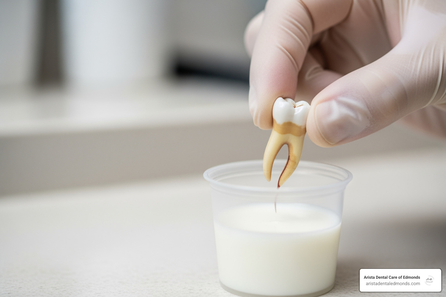 tooth being placed in a container of milk - emergency dental for children Child's hand wearing a glove holding a knocked-out permanent tooth above a cup of milk, illustrating essential first aid for dental emergencies.