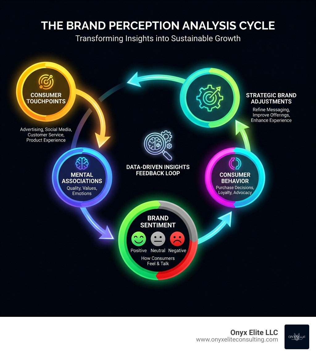 infographic showing the brand perception analysis cycle: starting with consumer touchpoints (advertising, social media, customer service, product experience), leading to mental associations (quality, values, emotions), resulting in brand sentiment (positive, neutral, negative), which drives consumer behavior (purchase decisions, loyalty, advocacy), and feeding back into strategic brand adjustments - brand perception analysis infographic 