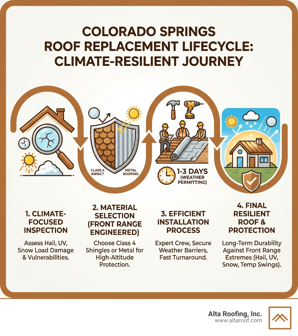 infographic explaining the roof replacement lifecycle from inspection to installation, highlighting Colorado Springs climate considerations - roof replacement Colorado Springs infographic infographic explaining the roof replacement lifecycle from inspection to installation, highlighting Colorado Springs climate considerations - roof replacement Colorado Springs infographic