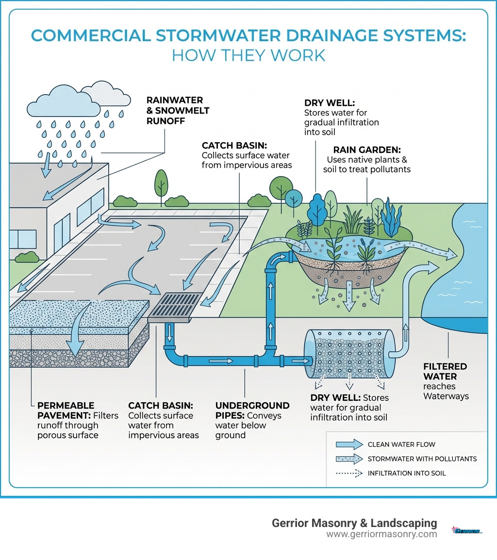 infographic showing how commercial stormwater drainage systems work, including catch basins collecting surface water, permeable pavement filtering runoff, underground pipes conveying water, dry wells storing water for infiltration, and rain gardens using native plants to treat pollutants before water reaches waterways - Stormwater drainage solutions infographic 