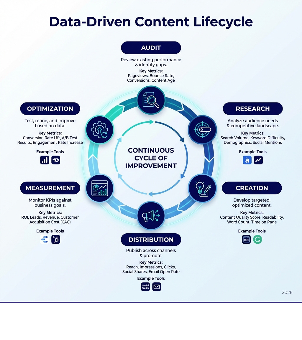 data-driven content lifecycle infographic showing the stages of audit, research, creation, distribution, measurement, and optimization with key metrics and tools for each phase - data driven content strategy infographic 