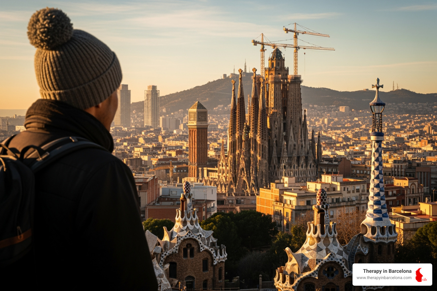 Person looking contemplatively over Barcelona skyline - English speaking therapists Barcelona Person looking contemplatively over Barcelona skyline - English speaking therapists Barcelona