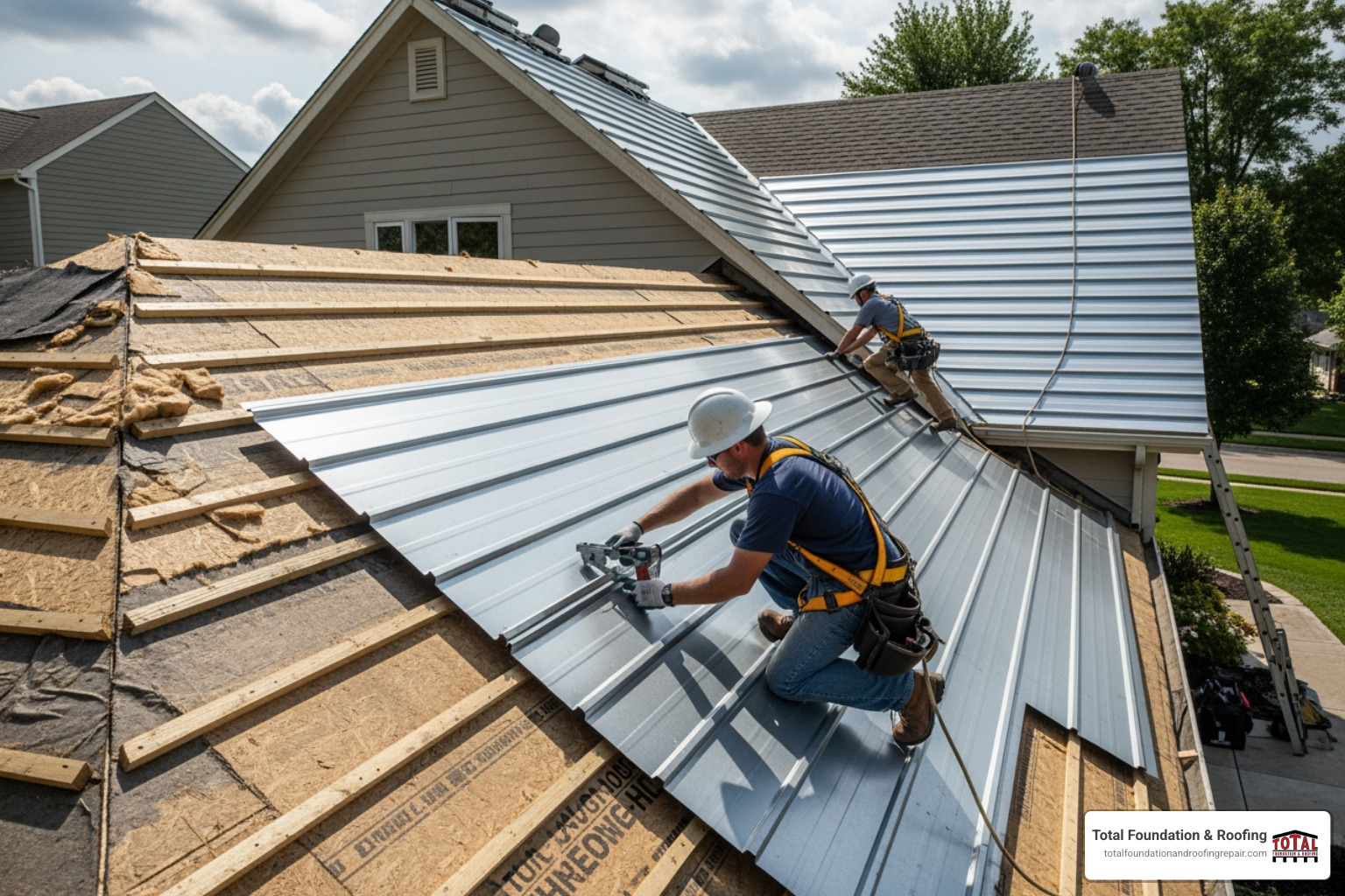 professional roofers installing metal panels over a residential structure - asphalt and metal roof