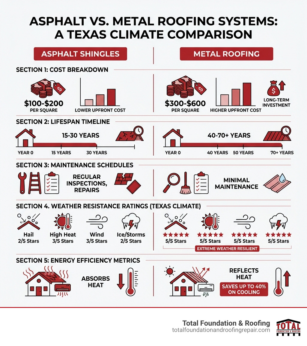 Detailed comparison infographic showing asphalt versus metal roofing systems with cost breakdown, lifespan timeline, maintenance schedules, weather resistance ratings, and energy efficiency metrics specific to Texas climate - asphalt and metal roof infographic 