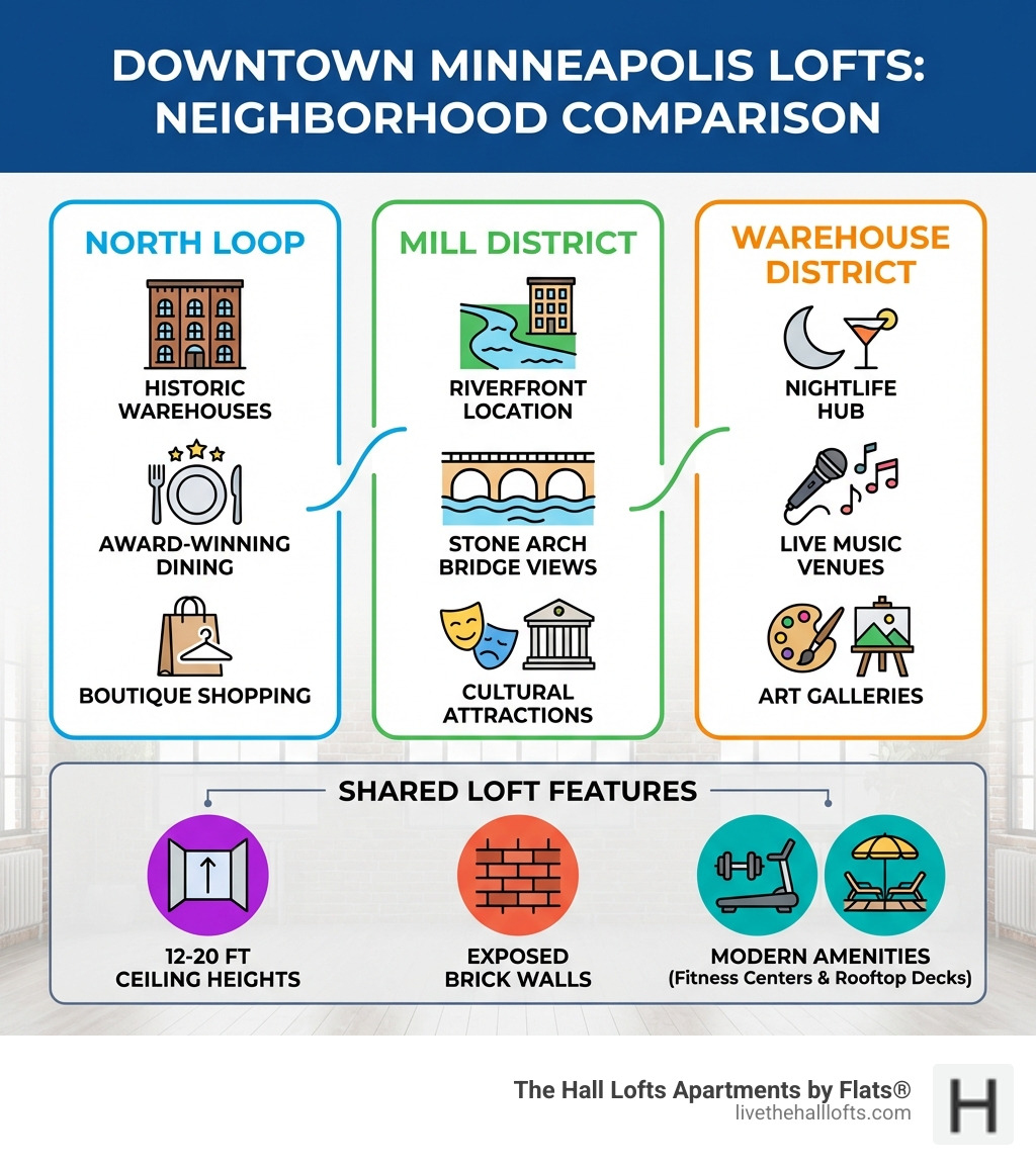 Infographic showing three columns comparing North Loop (historic warehouses, award-winning dining, boutique shopping), Mill District (riverfront location, Stone Arch Bridge views, cultural attractions), and Warehouse District (nightlife hub, live music venues, art galleries) with icons representing ceiling heights of 12-20 feet, exposed brick walls, and modern amenities like fitness centers and rooftop decks - downtown minneapolis lofts infographic 