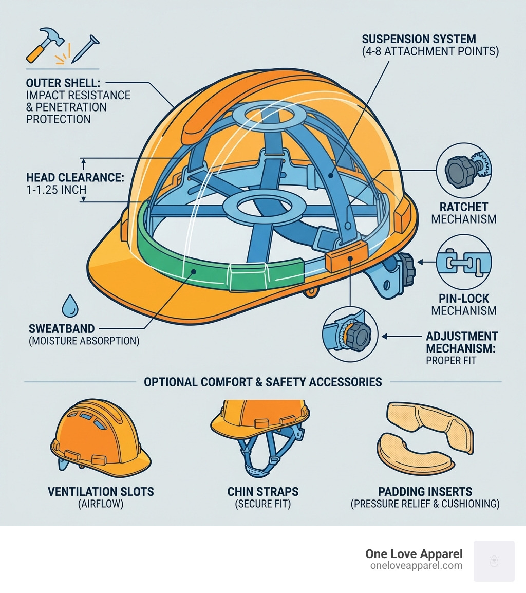 Infographic showing hard hat anatomy with labeled parts: outer shell for impact resistance and penetration protection, suspension system with 4-8 attachment points maintaining 1-1.25 inch clearance from head, sweatband for moisture absorption, adjustment mechanism (ratchet or pin-lock) for proper fit, and optional accessories like ventilation slots, chin straps, and padding inserts - how to make a hard hat more comfortable infographic 