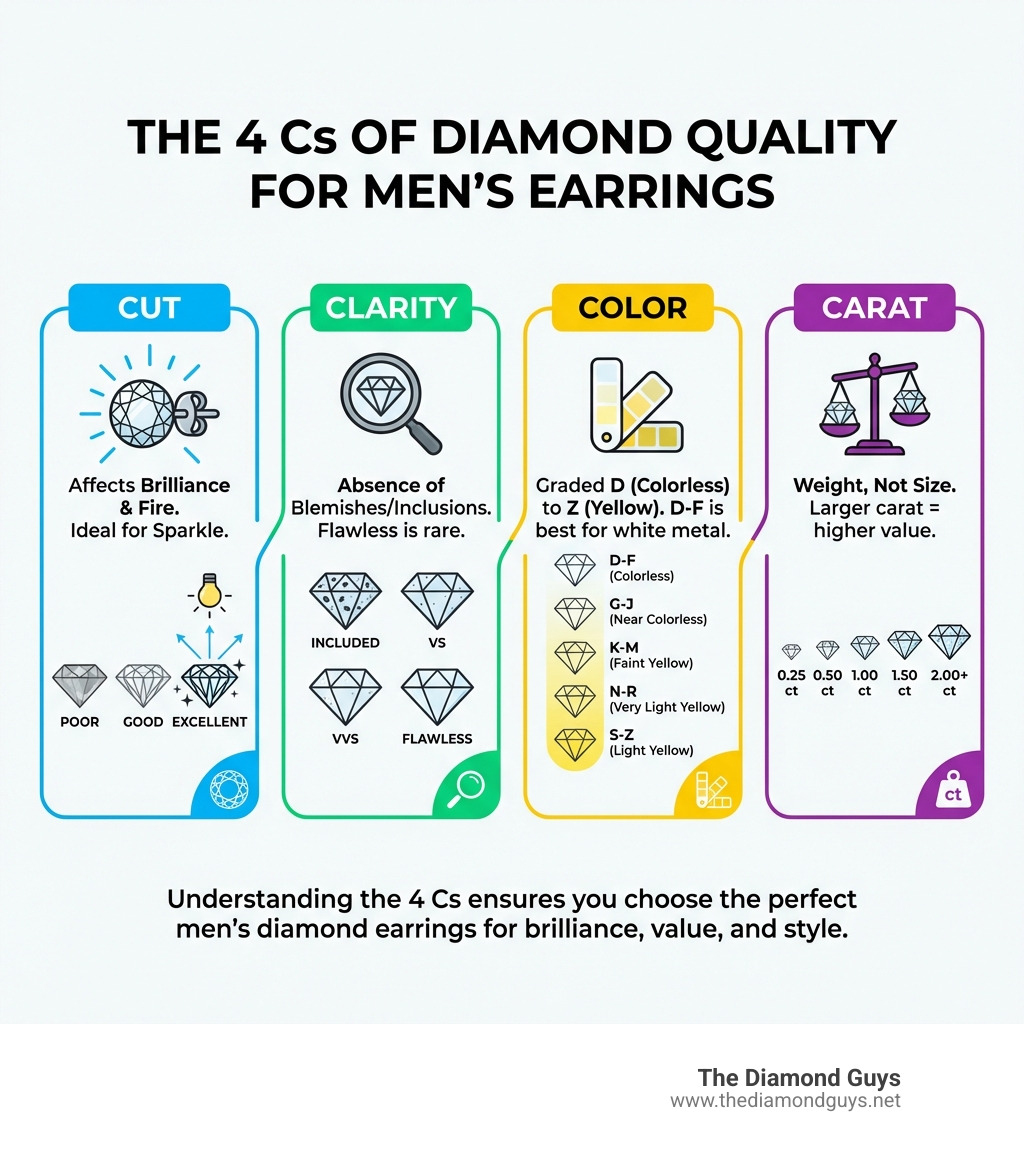 Infographic explaining the 4 Cs of diamond quality (Cut, Clarity, Color, Carat) for men's earrings - mens diamond earrings real infographic Infographic explaining the 4 Cs of diamond quality (Cut, Clarity, Color, Carat) for men's earrings - mens diamond earrings real infographic