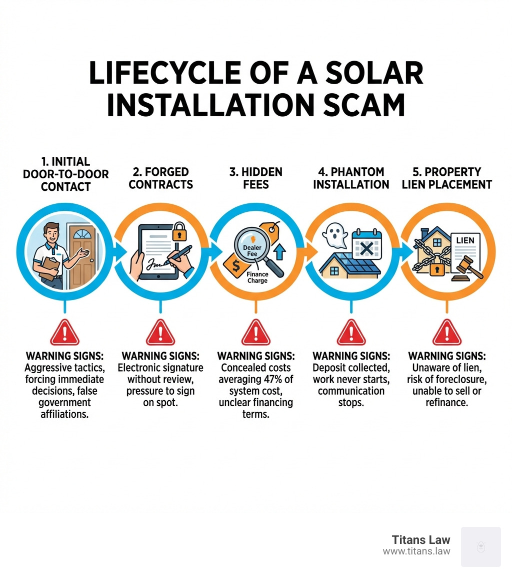 infographic showing the lifecycle of a solar installation scam from initial door-to-door contact through forged contracts hidden fees phantom installation and property lien placement with warning signs at each stage - solar installation fraud infographic 