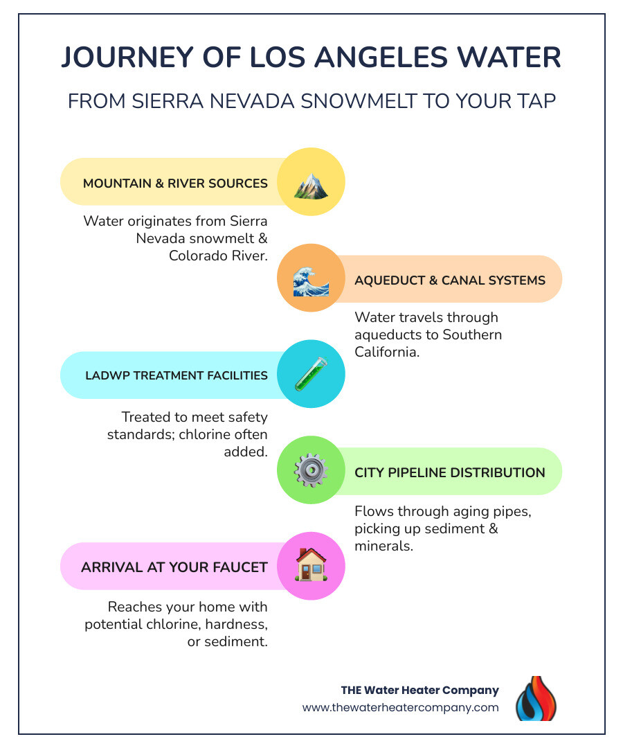 infographic showing the journey of Los Angeles water from Sierra Nevada snowmelt and Colorado River through LADWP treatment facilities to residential taps, highlighting common contaminants picked up along the way including chlorine from treatment, minerals from groundwater, and sediment from aging pipes - water filtration & conditioning affordable in los angeles, ca infographic infographic-line-5-steps-colors infographic showing the journey of Los Angeles water from Sierra Nevada snowmelt and Colorado River through LADWP treatment facilities to residential taps, highlighting common contaminants picked up along the way including chlorine from treatment, minerals from groundwater, and sediment from aging pipes - water filtration & conditioning affordable in los angeles, ca infographic infographic-line-5-steps-colors