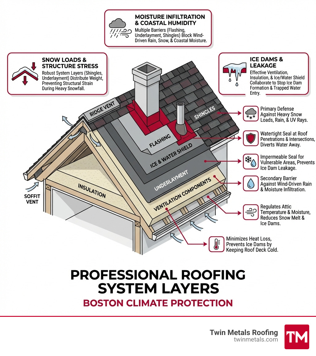 Infographic explaining the layers of a professional roofing system including ice and water shield, underlayment, shingles, flashing, ventilation components, and insulation, with callouts explaining how each layer protects against Boston's climate challenges like snow loads, ice dams, and moisture infiltration - Roofing Services Boston MA infographic 