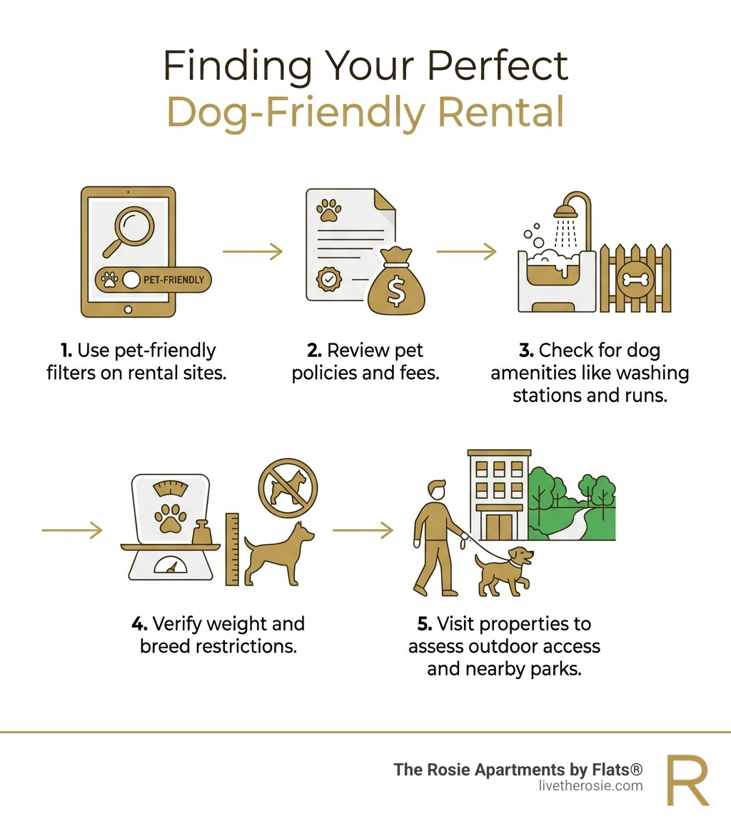 infographic showing steps to find dog-friendly rentals: 1. Use pet-friendly filters on rental sites, 2. Review pet policies and fees, 3. Check for dog amenities like washing stations and runs, 4. Verify weight and breed restrictions, 5. Visit properties to assess outdoor access and nearby parks - dog friendly places for rent near me infographic infographic showing steps to find dog-friendly rentals: 1. Use pet-friendly filters on rental sites, 2. Review pet policies and fees, 3. Check for dog amenities like washing stations and runs, 4. Verify weight and breed restrictions, 5. Visit properties to assess outdoor access and nearby parks - dog friendly places for rent near me infographic