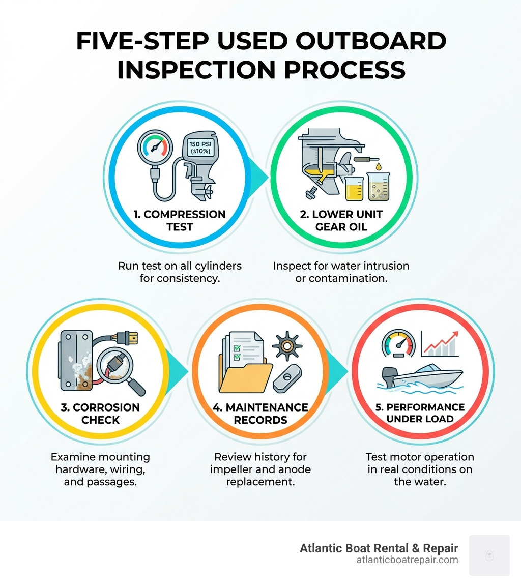 Infographic showing five-step used outboard inspection process: 1) Run compression test on all cylinders, 2) Inspect lower unit gear oil for contamination, 3) Check for corrosion on mounting hardware and wiring, 4) Review maintenance records for impeller and anode replacement, 5) Test motor performance under load on the water - used outboard motors infographic 