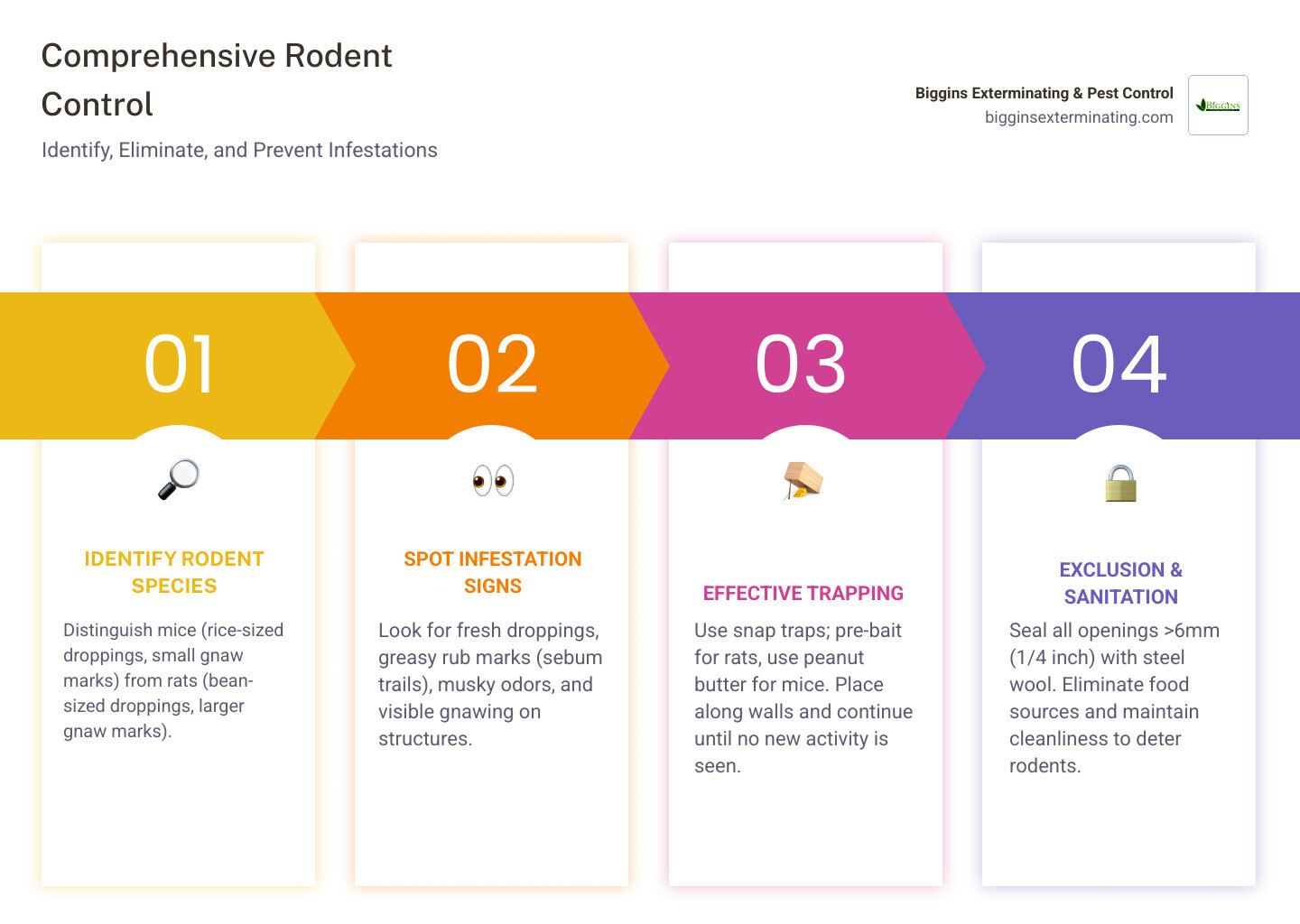 Infographic showing rodent identification, signs of infestation (droppings, gnaw marks, sebum trails), and the three-step control process: 1) Identify the species 2) Trap and eliminate 3) Seal entry points and remove food sources - rodent control kill rats and mices infographic pillar-4-steps