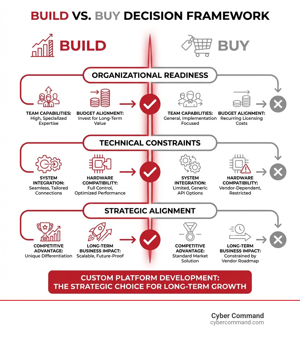 Infographic showing the build vs. buy decision framework with three key considerations: organizational readiness including team capabilities and budget alignment, technical constraints covering system integration and hardware compatibility, and strategic alignment focusing on competitive advantage and long-term business impact - Custom platform development infographic 