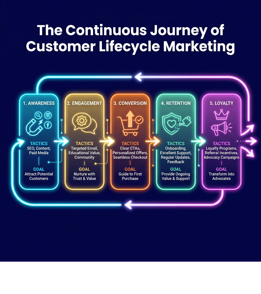 infographic showing the customer lifecycle stages: awareness (attract through content and ads), engagement (nurture with education and value), conversion (guide to first purchase), retention (provide ongoing value and support), and loyalty (transform into advocates). Each stage shows key tactics and goals with connecting arrows demonstrating the continuous journey - Customer lifecycle marketing infographic 